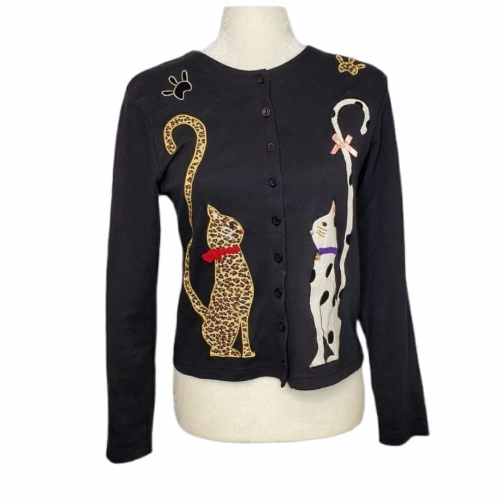 VINTAGE Y2K cardigan black button up cat appliqué top‎ S petite